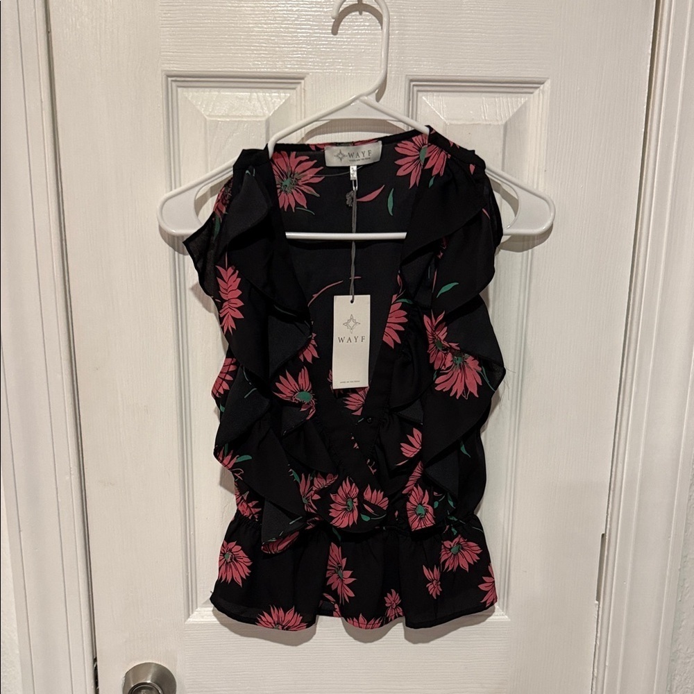WAYF Black Top with Pink Floral Design
